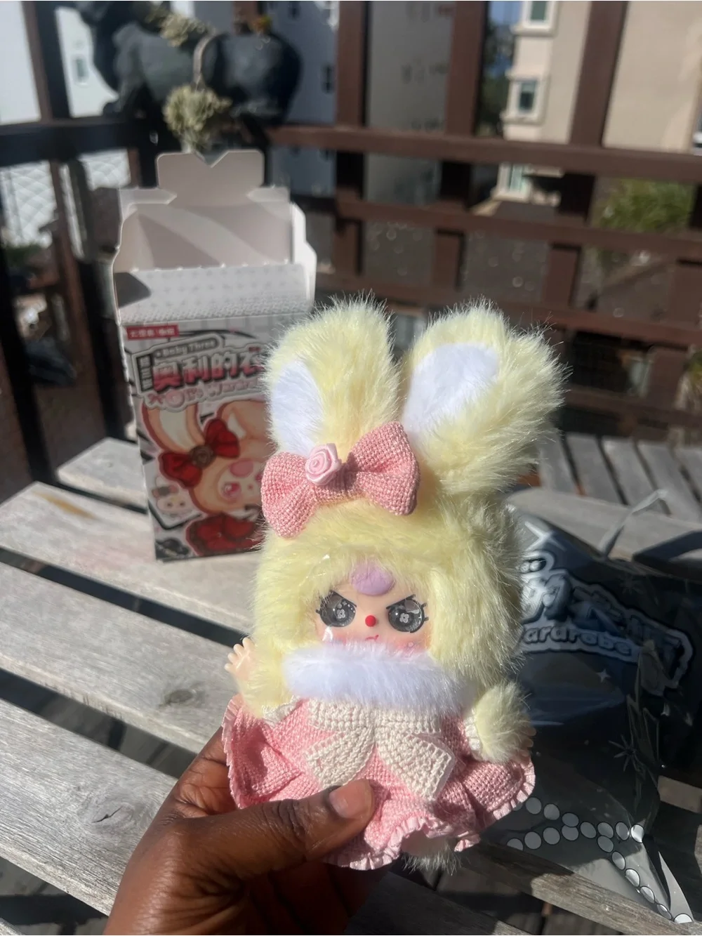 Open box PopMart Baby 3 Plush Doll in Yellow and Pink - Cute Small Pets Toy
